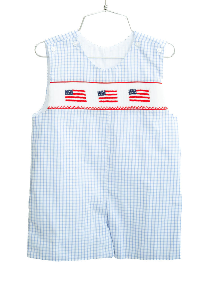 Boys Heirloom Smocked American Flag Jonjon Romper – Blue & White Plaid – Fourth of July, Memorial Day & Patriotic Celebrations – Sizes 3M–4T