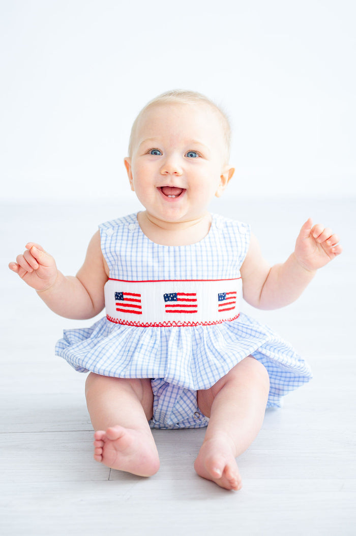 Newborn & Toddler Boys Blue & White Windowpane Plaid Hand-Smocked American Flags Bubble – 4th of July & Patriotic Outfit – Sizes NB–3T