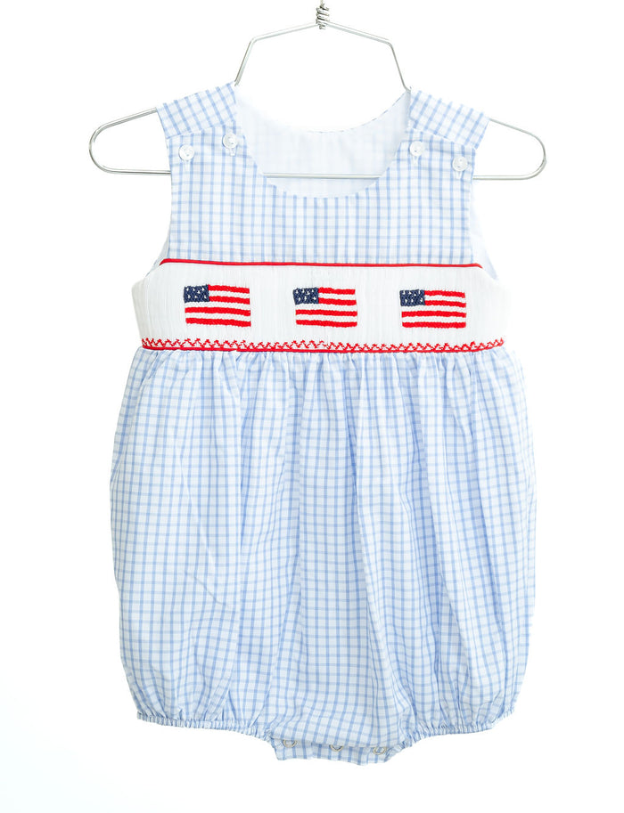 Baby & Toddler Boys Patriotic Smocked Bubble – Blue Windowpane Plaid with American Flags – 4th of July Birthday & Holiday Outfit – NB–3T