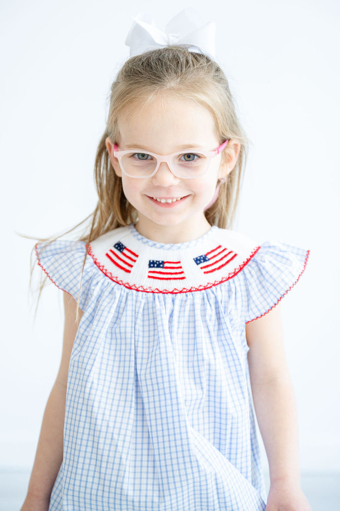 Toddler & Girls Blue & White Windowpane Plaid Hand-Smocked American Flags Dress – 4th of July & Patriotic Outfit – Sizes 12M–8