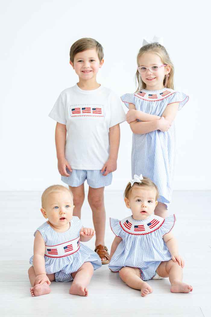 Little Girls Hand-Smocked American Flag Dress – Blue & White Windowpane Plaid – 4th of July, Memorial Day & Patriotic Celebrations – Sizes 12M–8