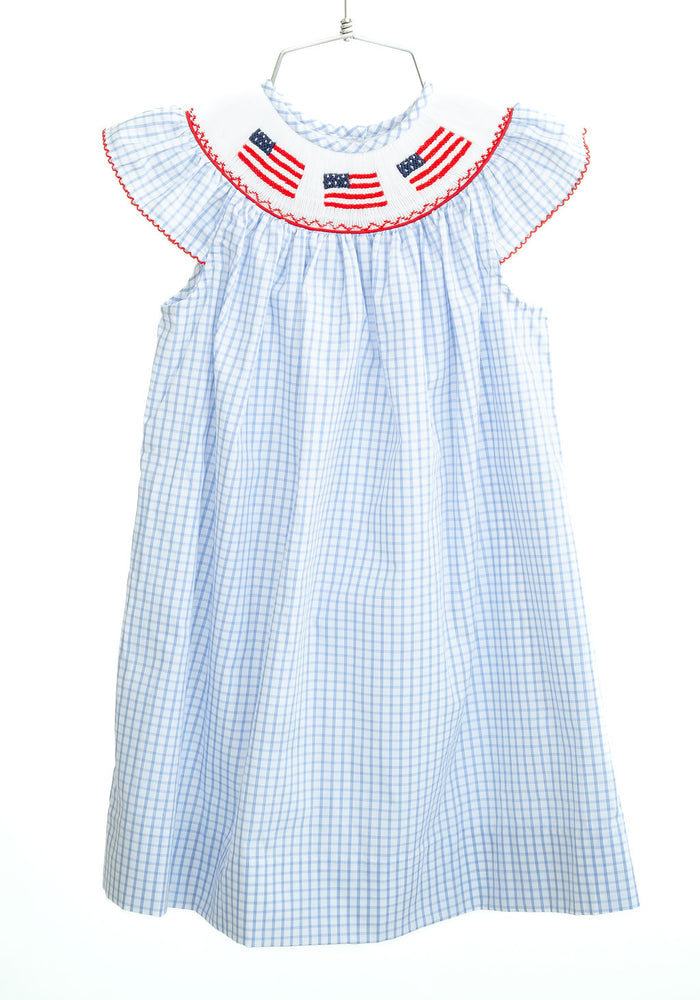 Girls Heirloom Smocked American Flag Windowpane Plaid Dress – Fourth of July, Memorial Day & Summer Parade Outfit – Sizes 12M–8