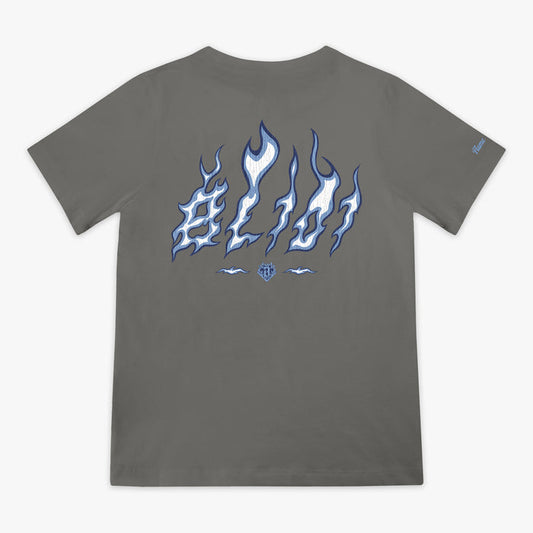 Flat lay back of gray tee with blue and white BL101 flame letter graphic and BL101 diamond logo, "Flame" sleeve hit.