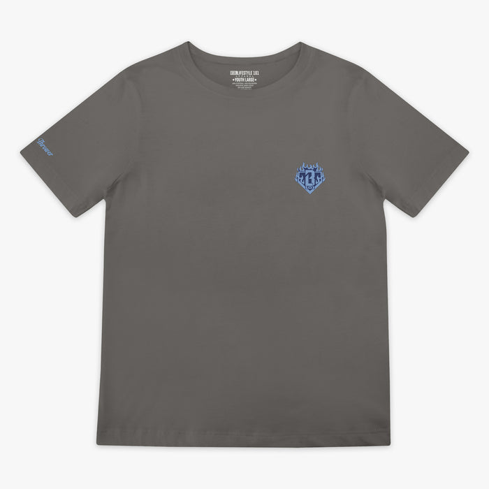Flat lay front of gray tee with blue flame BL101 diamond chest graphic and "Flame" sleeve hit.