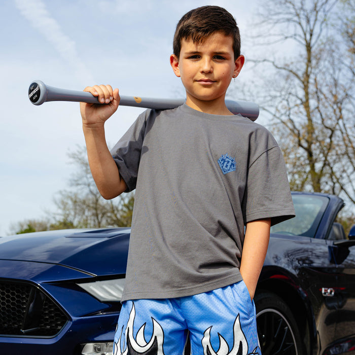 Young boy holding gray baseball bat over shoulder, wearing gray Flame Thrower tee with blue BL101 chest graphic and blue flame shorts, standing in front of navy Ford Mustang.