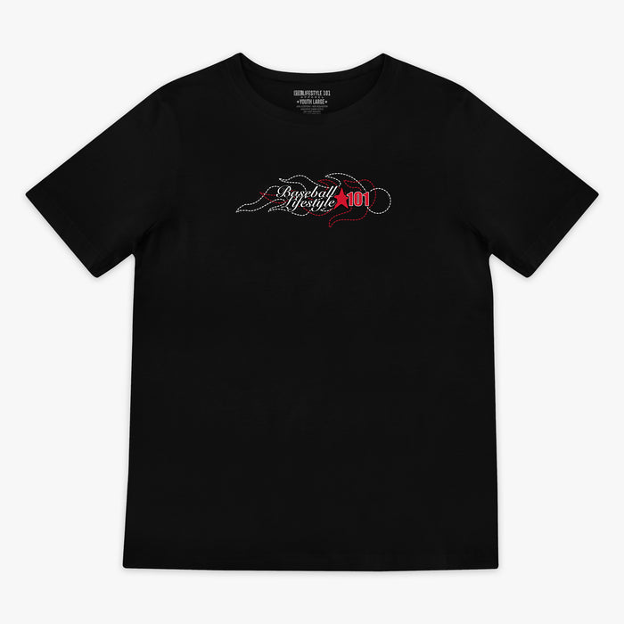 Flat lay front of black tee with stitched flame Baseball Lifestyle 101 chest graphic in white and red.