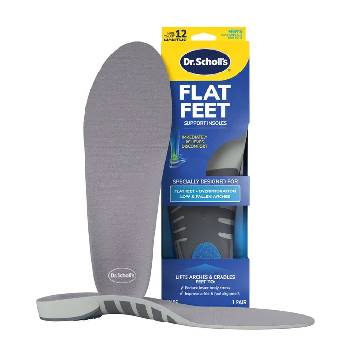 Flat Feet Support Insoles for Men by DrScholls shown with gray arch support insoles and retail packaging for flat feet and fallen arches