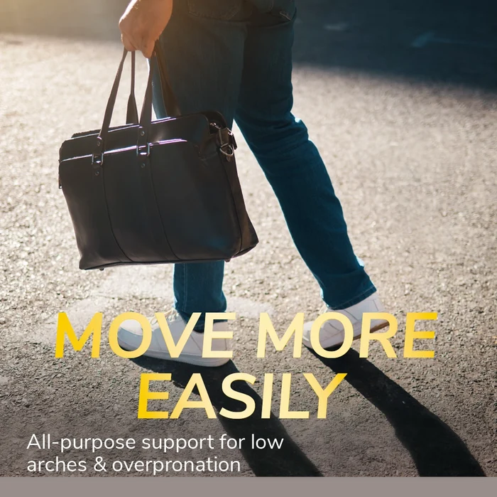DrScholls Flat Feet Support Insoles for Men with a person walking and carrying a handbag alongside text about support for low arches and overpronation