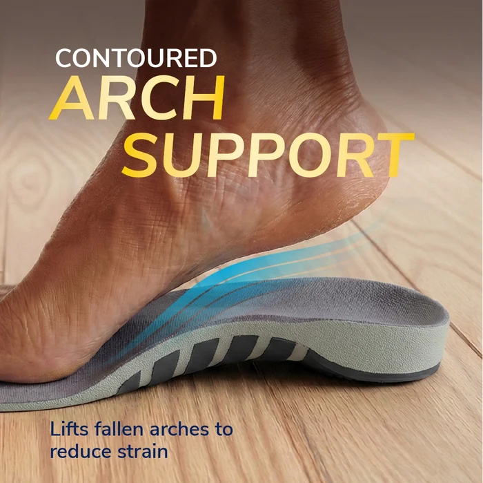Flat Feet Support Insoles for Men by DrScholls with contoured arch support lifting fallen arches to reduce strain and improve foot stability