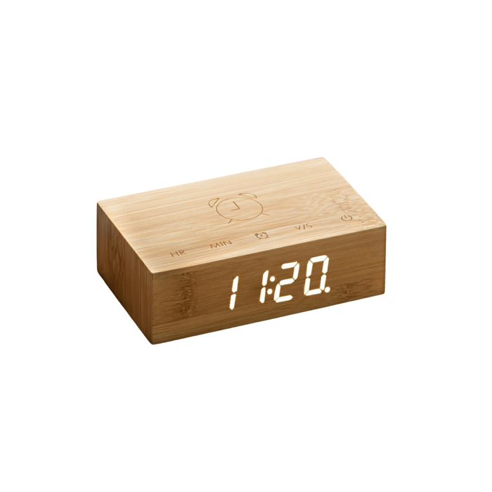 Light wood Flip Click Clock block with white LED digits on the front display
