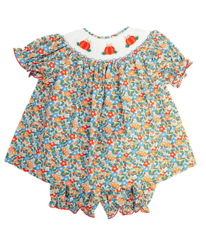 Smocked Floral Pumpkin Bloomer Set by Ruth and Ralph, blue floral print with bishop collar and bloomers, on hanger