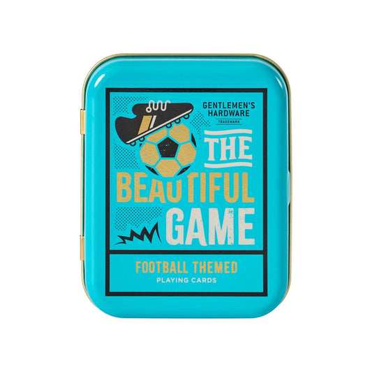 Football-themed playing card tin, teal with soccer ball graphic and “The Beautiful Game” label.