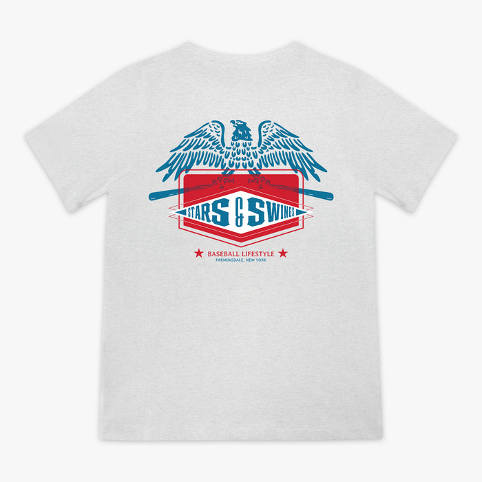 Heather gray youth short sleeve tee with blue spread-wing eagle above Stars and Swings badge graphic with crossed bats and Baseball Lifestyle Farmingdale New York text on white background
