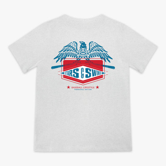 Heather gray youth short sleeve tee with blue spread-wing eagle above Stars and Swings badge graphic with crossed bats and Baseball Lifestyle Farmingdale New York text on white background