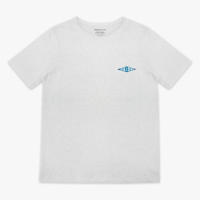 Heather gray youth short sleeve tee with blue diamond-shaped Stars and Swings logo on left chest on white background