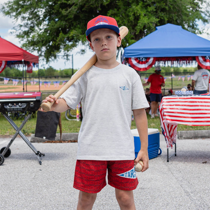 Front-facing youth male model wearing heather gray Freedom Swings tee holding baseball bat and ball at outdoor baseball event