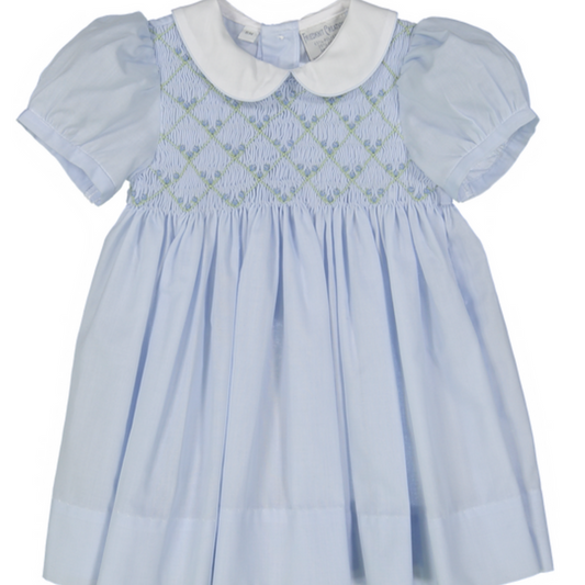 Friedknit Rosebud Diamond Smocked Dress-Blue