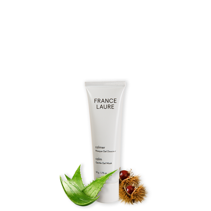France Laure Calm Gentle Gel Mask tube with fresh aloe vera leaf and chestnut, soothing skincare for sensitive skin