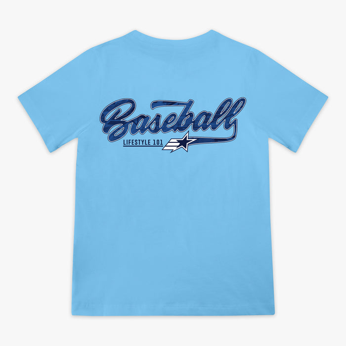 Light blue youth short sleeve tee with GI Joe logo on left chest and circular Baseball Lifestyle 101 badge on right chest on white background