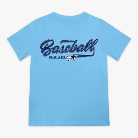 Light blue youth short sleeve tee with GI Joe logo on left chest and circular Baseball Lifestyle 101 badge on right chest on white background