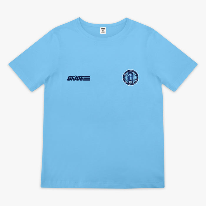 Light blue youth short sleeve tee with large Baseball script in navy with Lifestyle 101 and shooting star swoosh graphic on white background