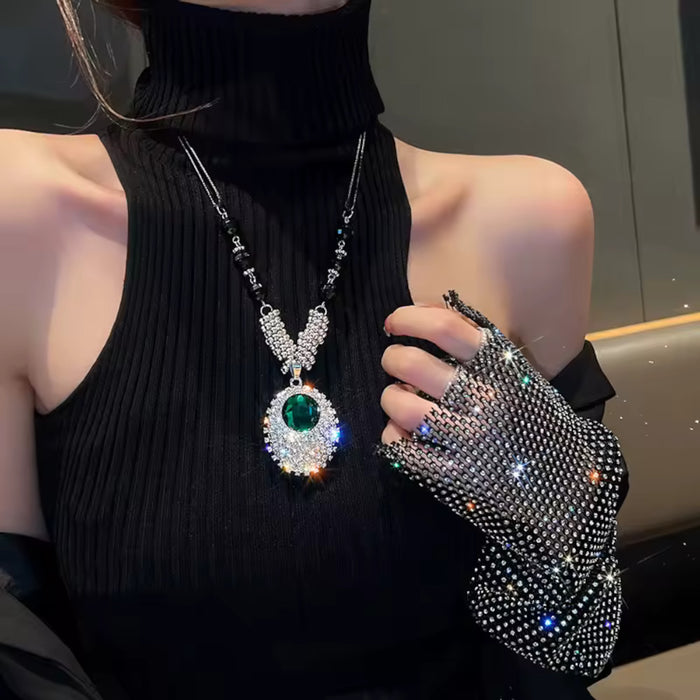 Glamorous Long Emerald Green Crystal Pendant Beaded Long chain Sweater Necklace