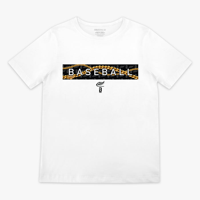 White GLD X Radar youth graphic tee — front view