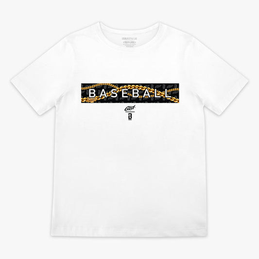 White GLD X Radar youth graphic tee — front view