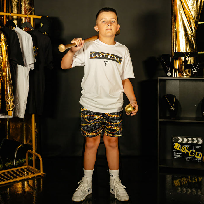 Youth model wearing white youth graphic tee with "GLD X Radar" design