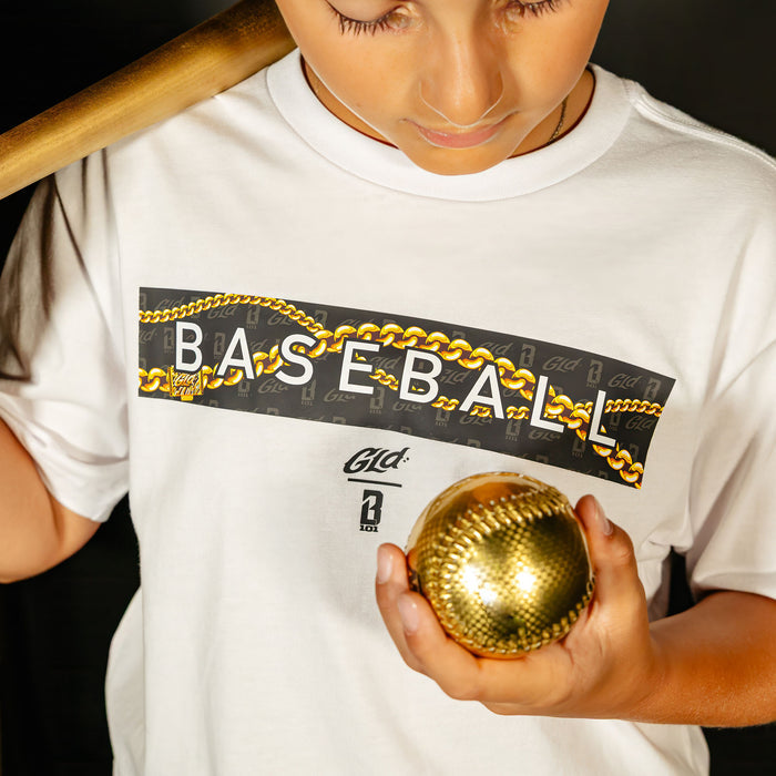 Youth model wearing white youth graphic tee with "GLD X Radar" design