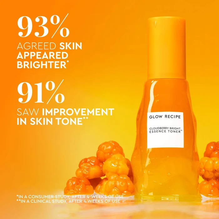 Glow Recipe Cloudberry Bright Essence Toner 75ml bottle, brightening skincare product with a clear, sleek design and vibrant label.