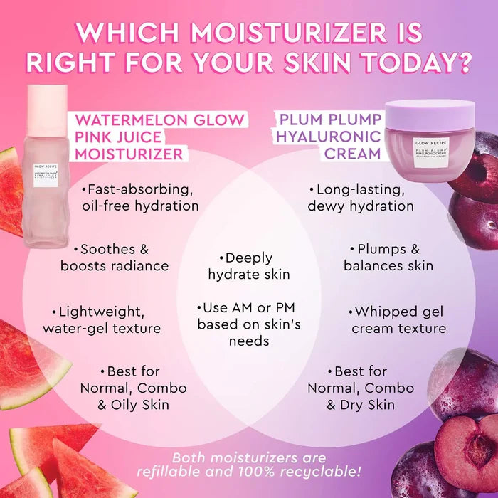 Glow Recipe Watermelon Pink Juice oil-free moisturizer in a refillable bottle, featuring pink watermelon-themed branding and sleek packaging.