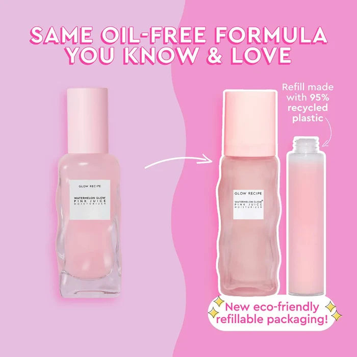 Glow Recipe Watermelon Pink Juice Oil-Free Refillable Moisturizer bottle with pink label and pump, close-up of the beauty product.