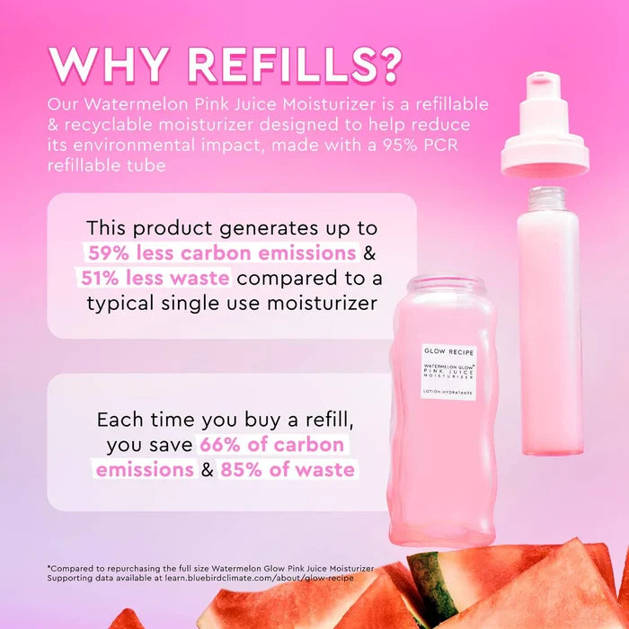 Glow Recipe Watermelon Pink Juice oil-free moisturizer in a refillable container, featuring pink watermelon-inspired packaging.
