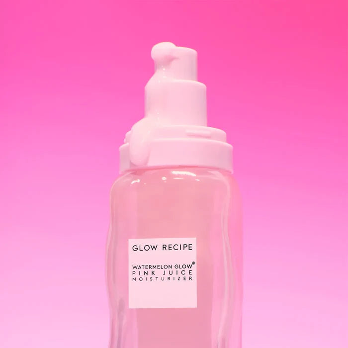 Glow Recipe Watermelon Pink Juice moisturizer in a refillable container, featuring a pink and clear design with the product label visible.