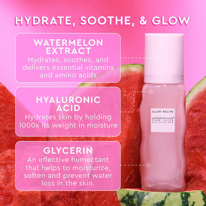 Glow Recipe Watermelon Pink Juice oil-free moisturizer in a refillable container, showcasing its fresh pink color and sleek design.