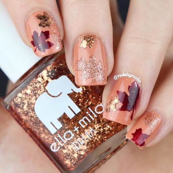 Glow With Me bronze glitter nail polish with autumn leaf accent nail art