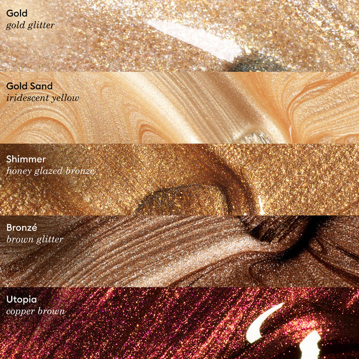 Five shimmery makeup swatches—including Gold Sand by Manucurist—feature gold glitter, shimmering yellow, honey glazed bronze, brown glitter, and copper brown hues that mimic the luminous glow of pearly polish.