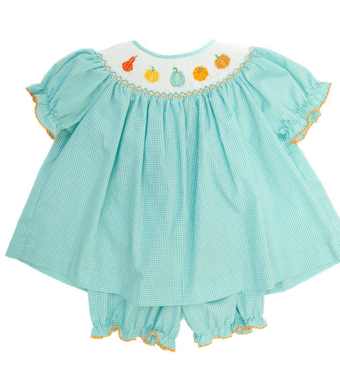 Smocked Fall Gourds Bloomer Set by Ruth and Ralph, teal gingham dress with bishop collar and bloomers
