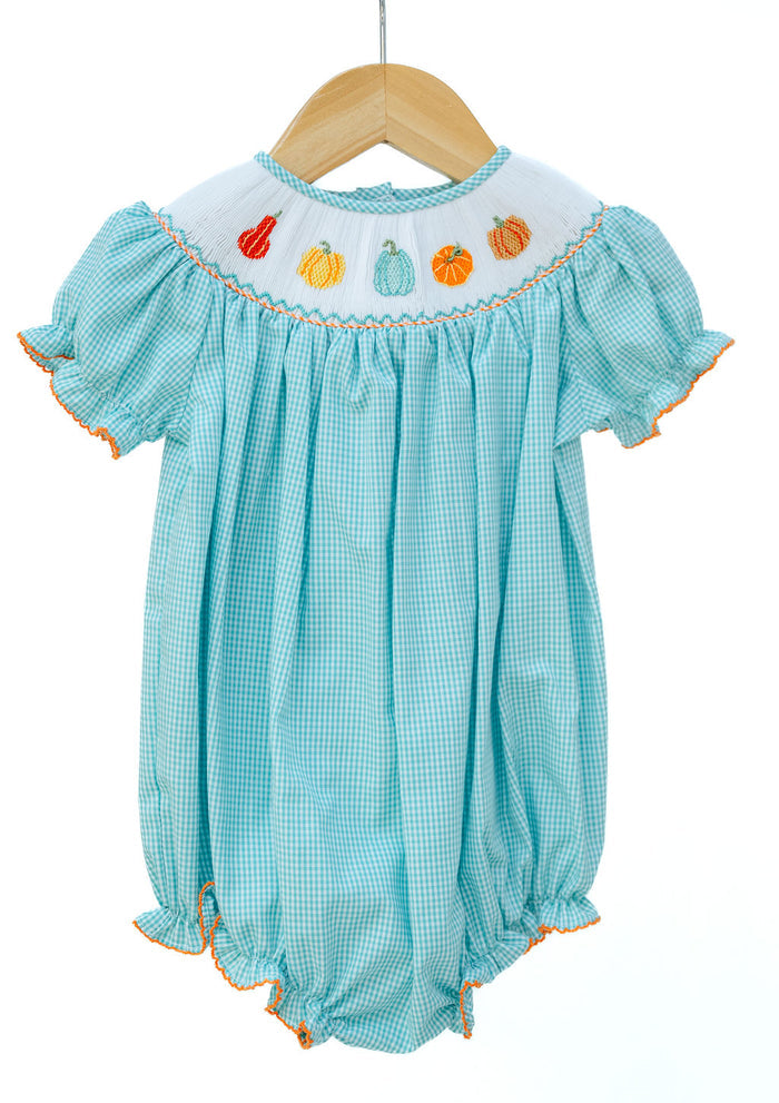 Smocked Fall Gourds Bubble for Girls, teal gingham with ruffle sleeves, on hanger