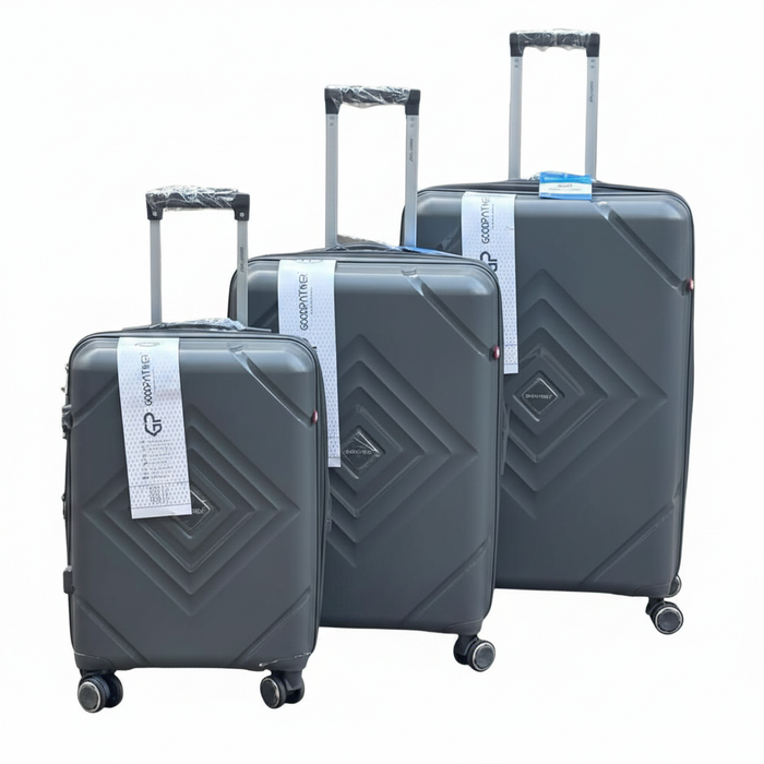 Grey GoodPartner 3-piece hardshell luggage set on white background