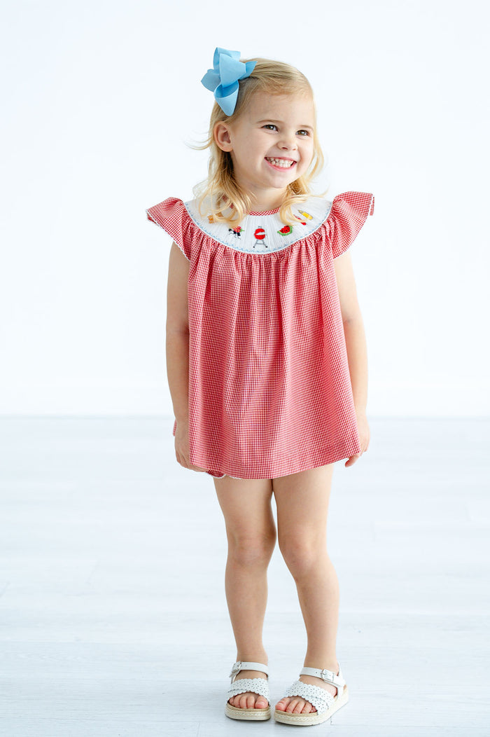 Baby & Toddler Girls Red Gingham Hand-Smocked Grilling & BBQ Neckline Bloomer Set with Diaper Cover – Summer Cookout & 4th of July Outfit – Sizes 3M–4T