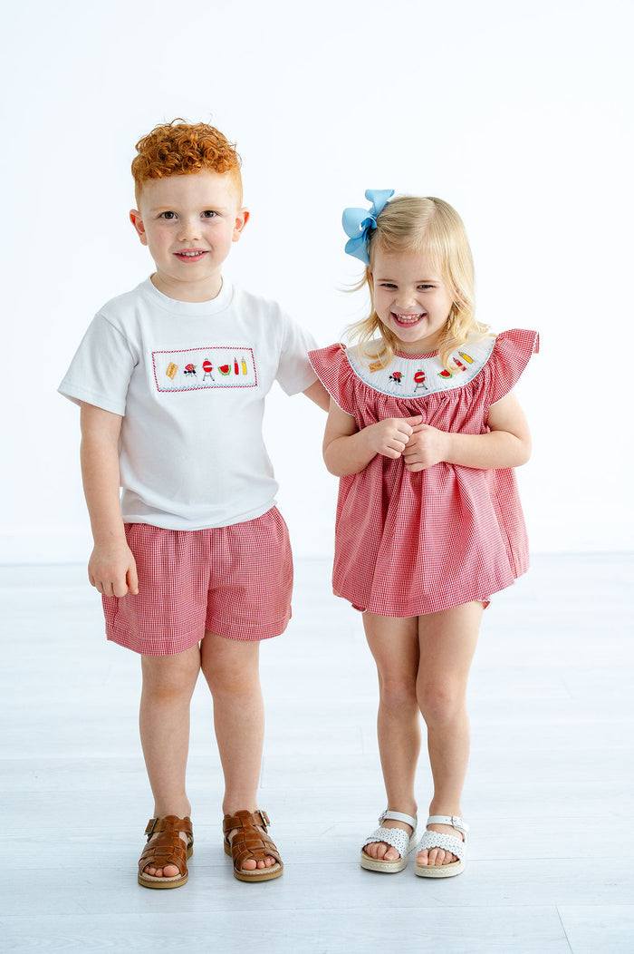 Girls Classic Smocked Grilling Cookout Two-Piece Bloomer Set – Red Gingham with Hand-Smocked BBQ Motifs & Matching Diaper Cover – Backyard BBQ & Pool Days – Sizes 3M–4T