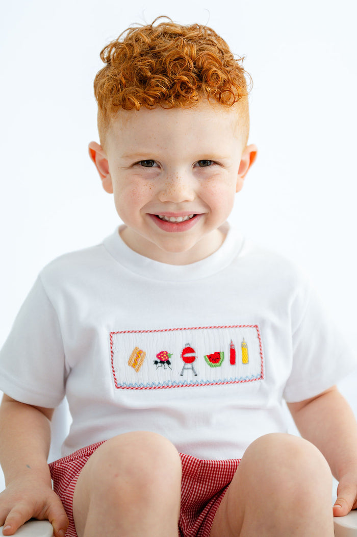 Toddler & Boys White Cotton Hand-Smocked Grilling & BBQ T-Shirt & Red Gingham Shorts Set – Summer Cookout & 4th of July Outfit – Sizes 12M–8