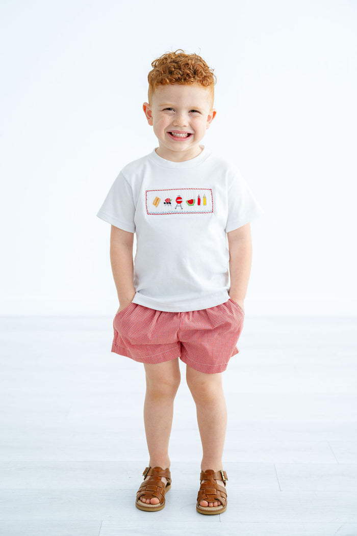 Boys Classic Smocked Grilling BBQ Two-Piece Set – White Tee with Hand-Smocked Cookout Motifs & Red Gingham Shorts – Backyard BBQ, Pool Days & Summer Celebrations – Sizes 12M–8