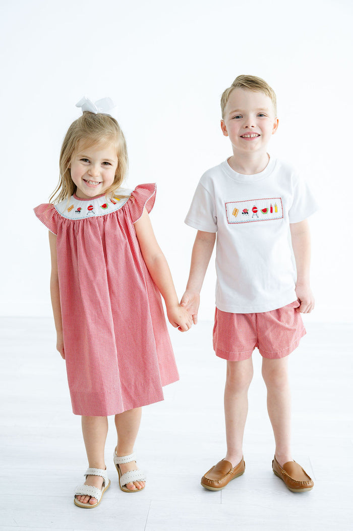 Boys 100% Cotton Hand-Smocked BBQ & Cookout Tee & Red Gingham Shorts – Classic Two-Piece Summer Set – Father's Day, Backyard BBQ & Summer Play – Sizes 12M–8