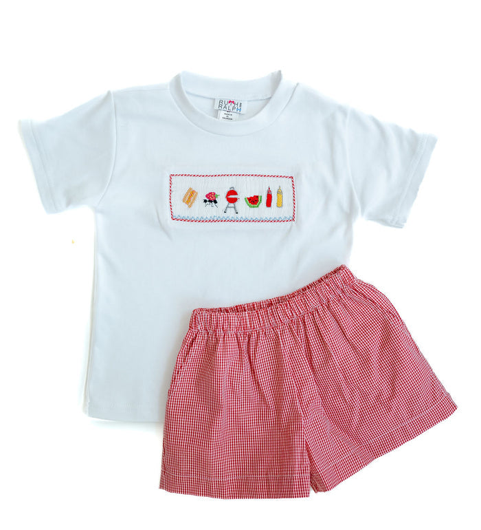 Toddler & Boys Smocked Grilling Out T-Shirt & Red Gingham Shorts – White Tee with Hand-Smocked BBQ Motifs – Summer Cookouts, Pool Days & Family Celebrations – Sizes 12M–8