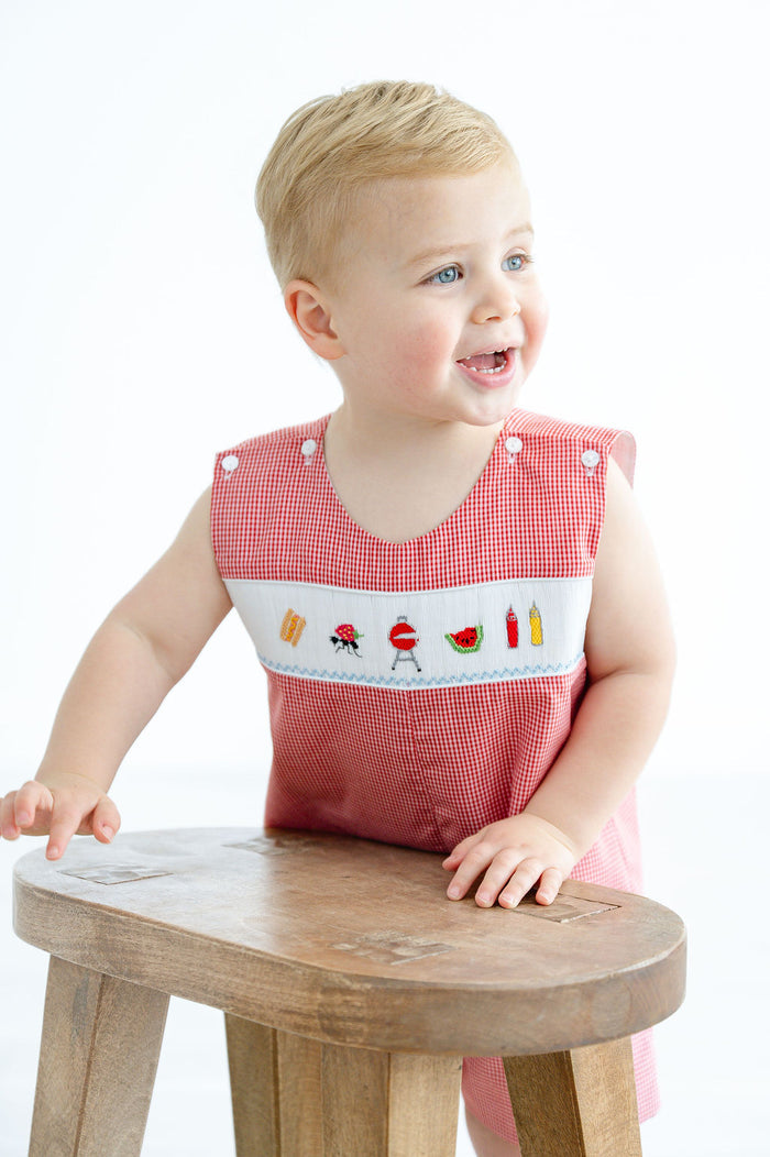 Baby & Toddler Boys Red Gingham Hand-Smocked Grilling & Cookout Motif Jon Jon – BBQ, Memorial Day & 4th of July Outfit – Sizes 3M–4T