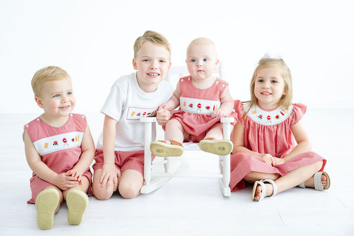 Boys Classic Smocked Grilling Cookout Jon Jon – Red Gingham with Hand-Smocked BBQ Motifs – Pairs with Peter Pan Collar Shirt – Backyard BBQ & Pool Party – Sizes 3M–4T