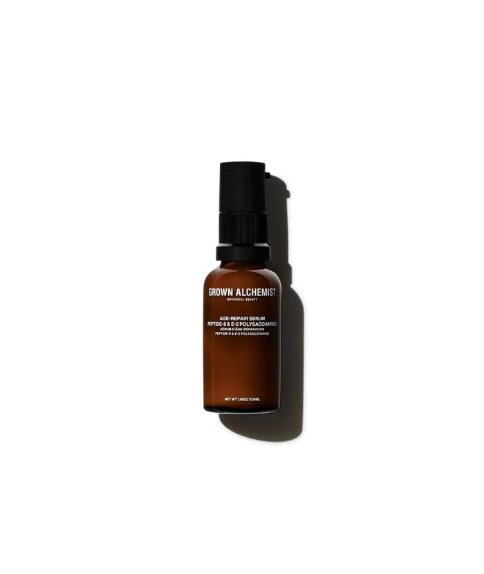 Grown Alchemist Age-Repair Serum 30ml bottle showing peptide and polysaccharide ingredients for youthful skin.